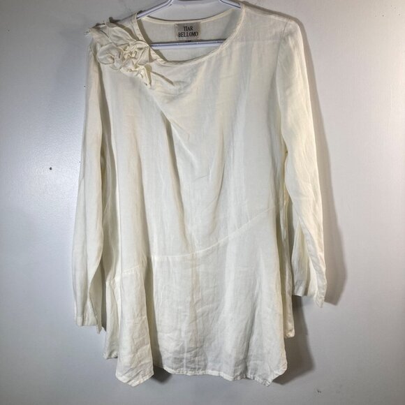 Womens Tiar Bellomo Linen Lagenlook Tunic Flower Detail Ivory M - Picture 1 of 9